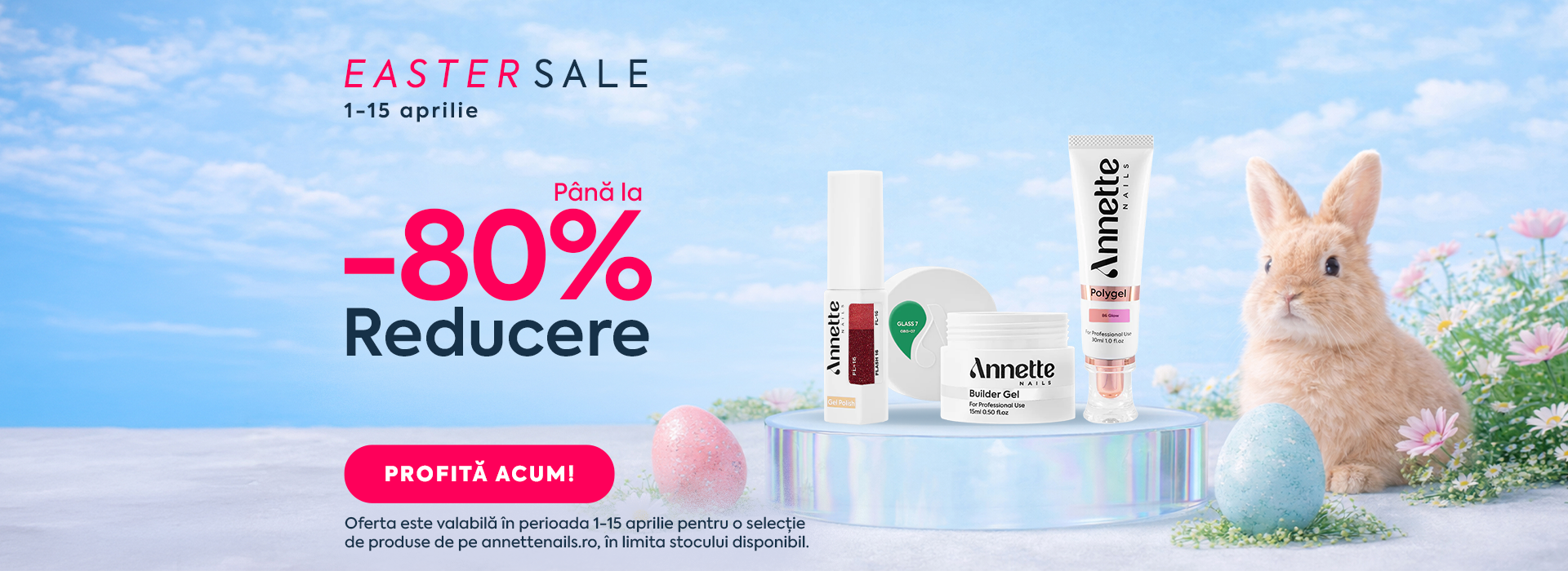 Easter Sale te așteaptă pe annettenails.ro în perioada 1–15 aprilie, cu reduceri de până la -80% la o selecție de produse pentru manichiură și pedichiură. Reînnoiește-ți stocul, alege produsele preferate și profită de prețuri speciale. Ofertă valabilă în limita stocului disponibil.