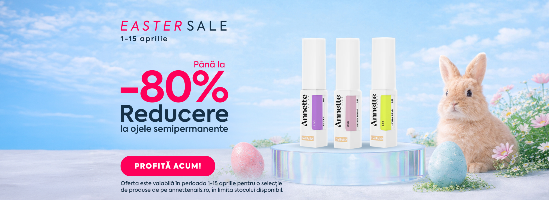 În perioada 1–15 aprilie, lasă nuanțele preferate să ajungă direct în kitul tău. Easter Sale aduce reduceri de până la -80% la o selecție de oje semipermanente, ideale pentru un refresh de colecție. Ofertă valabilă în limita stocului disponibil.
