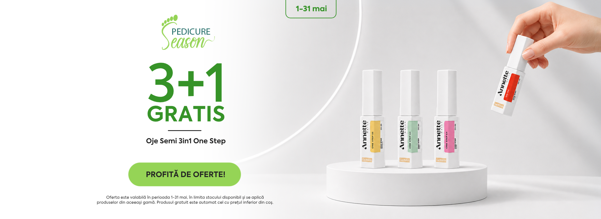 Între 1-31 mai, ai 3+1 gratis la Ojele Semi 3 în 1 One Step. Bază, culoare și top într-un singur produs.