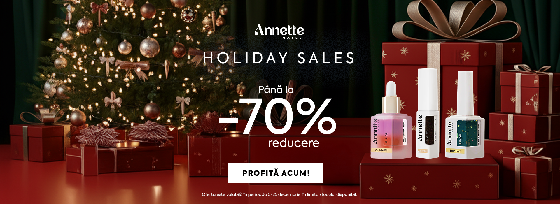 Holiday Sales Annette Nails – Reduceri de până la -70% la produse profesionale pentru manichiură. Promoție valabilă 5–25 decembrie, stoc limitat.