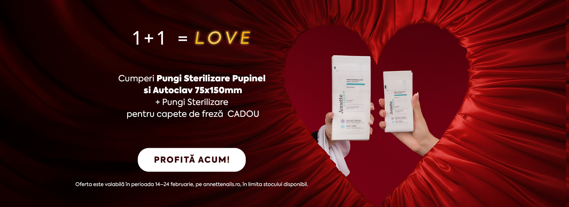 1+1 = LOVE. Cumperi pungi de sterilizare pentru setul complet de instrumente de manichiură și primești pungi pentru capete de freză CADOU - potrivite pentru pupinel și autoclav. 