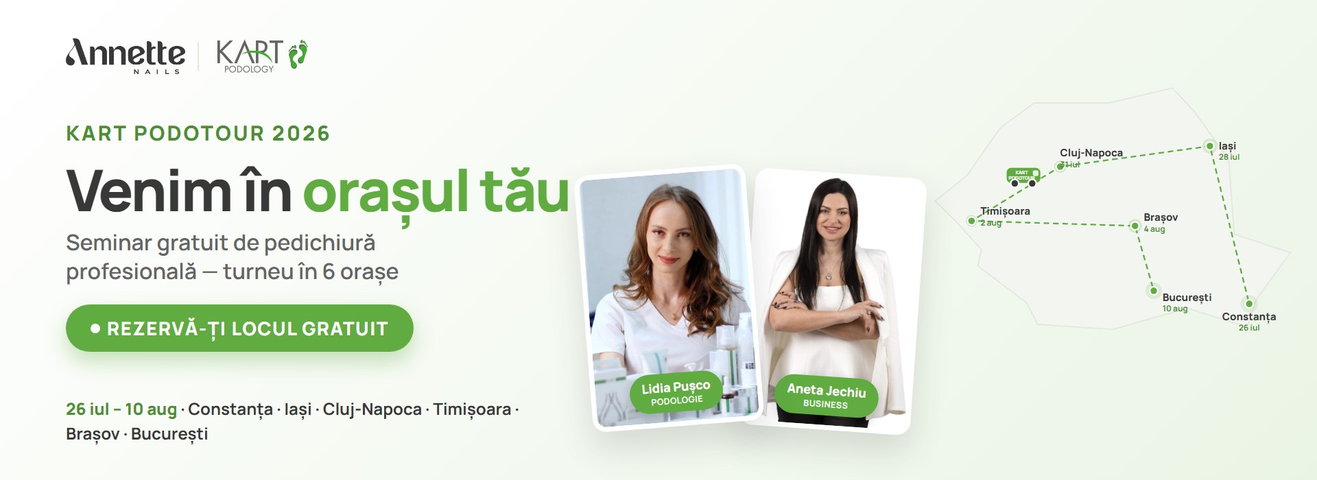 KART Podotour 2026 Turneul de pedichiură profesională care îți aduce în oraș tehnica fără praf, fără înmuiere, protocoalele KART și cifrele unui salon profitabil. 26 iulie-10 august
