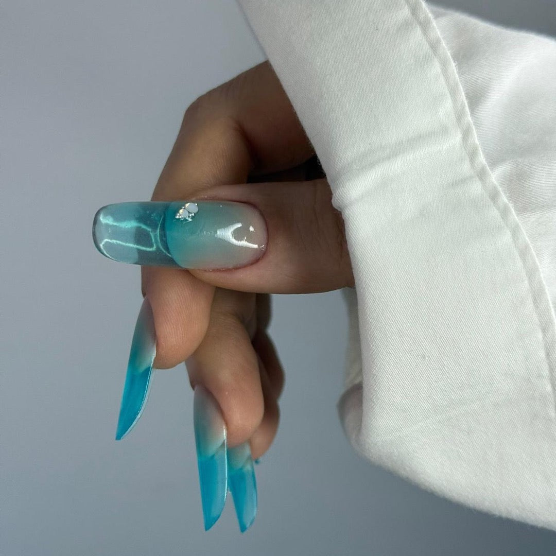 Unghii cu Polygel Glass 90 turcoaz Annette Nails - construcție cu efect transparent de sticlă