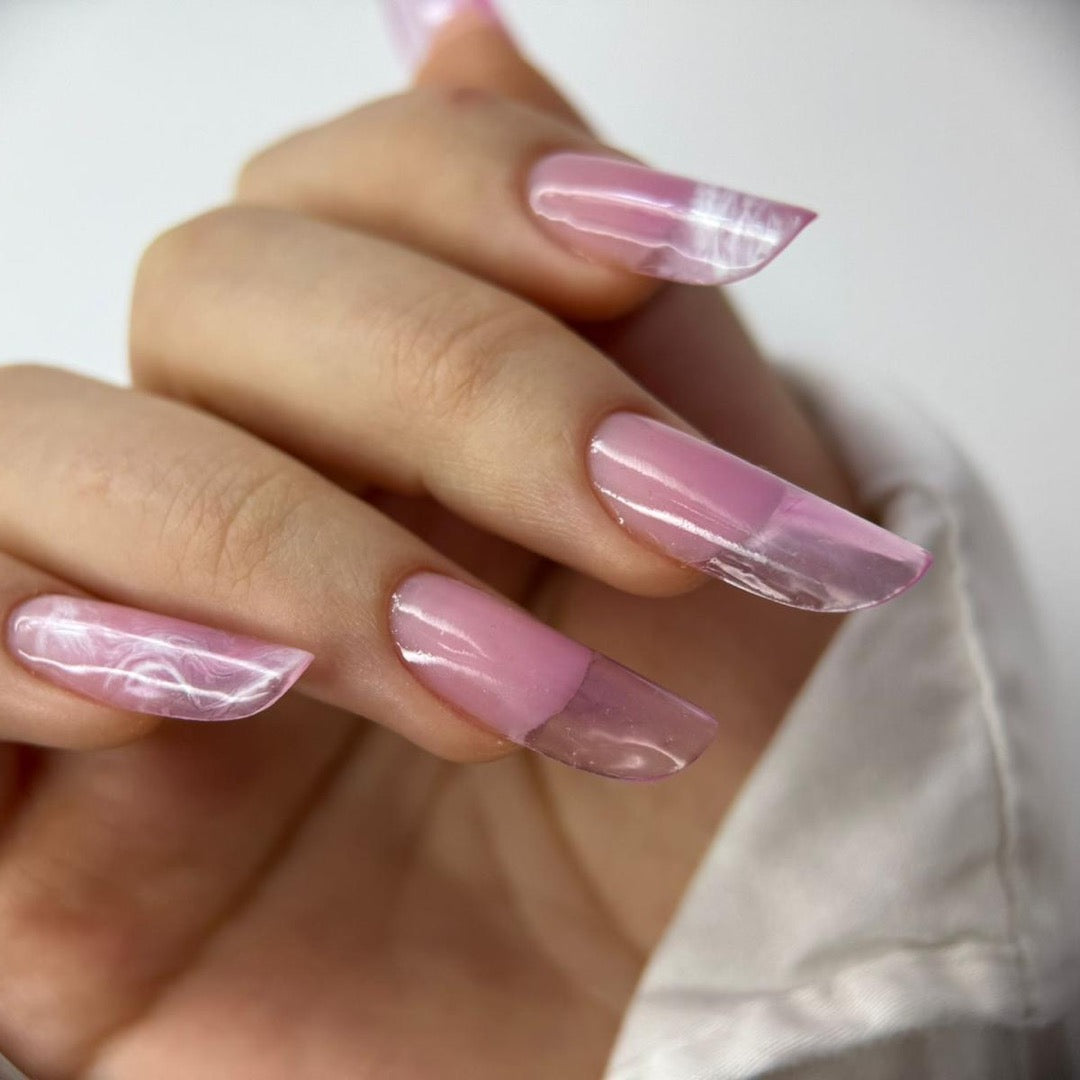 Unghii cu Polygel Glass 92 roz Annette Nails - construcție transparentă cu efect marmorat
