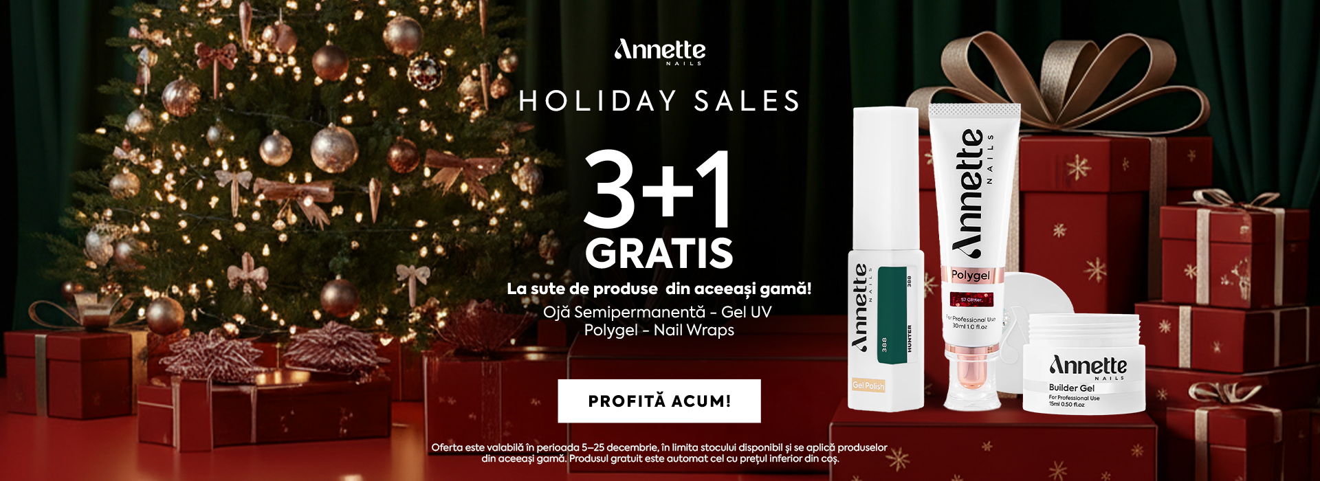 Holiday Sales Annette Nails – Oferta 3+1 Gratis la sute de produse: ojă semipermanentă, gel UV, polygel și nail wraps. Promoție 5–25 decembrie, stoc limitat.