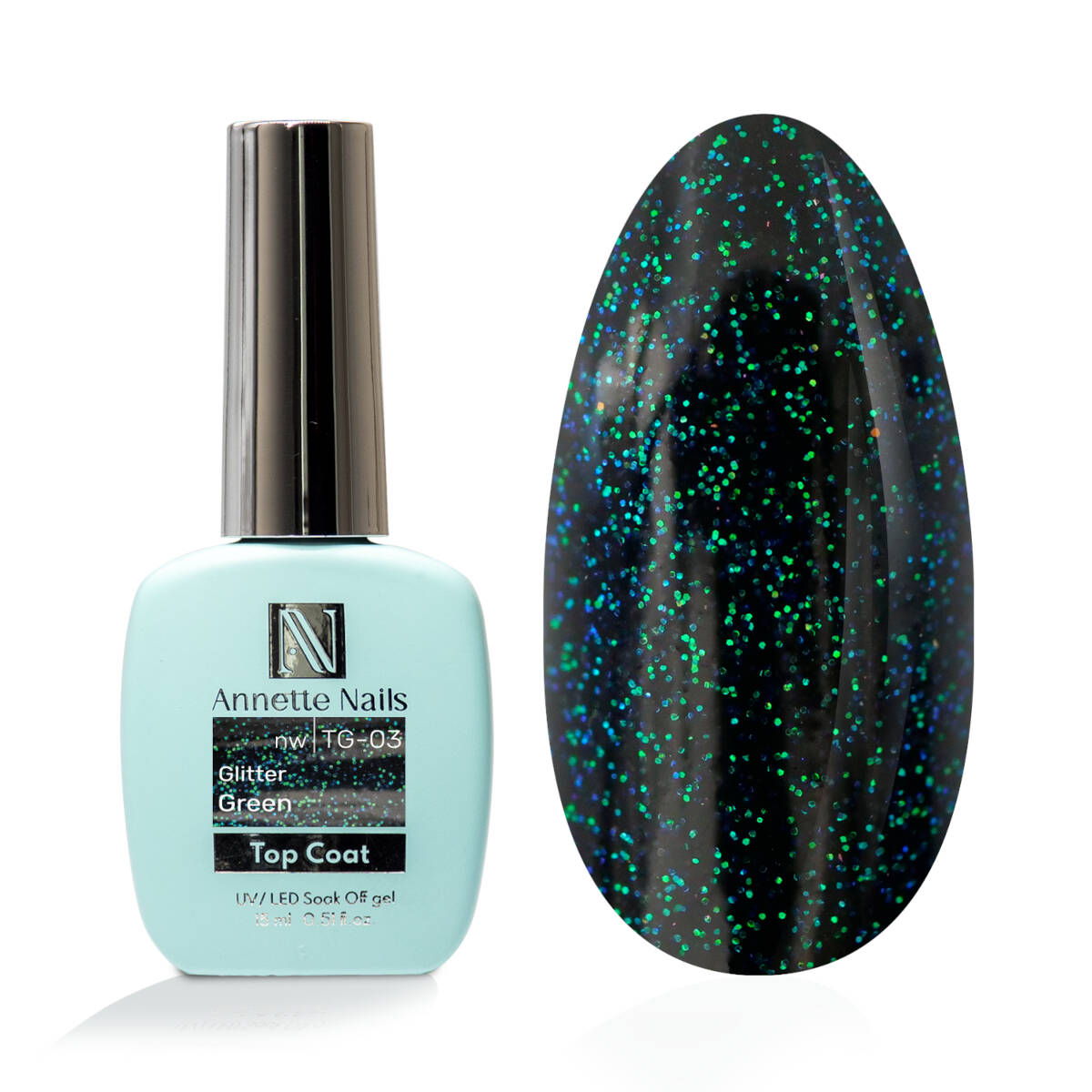 Top Coat AnnetteNails Green glitter no wipe TG-03 - 12ml